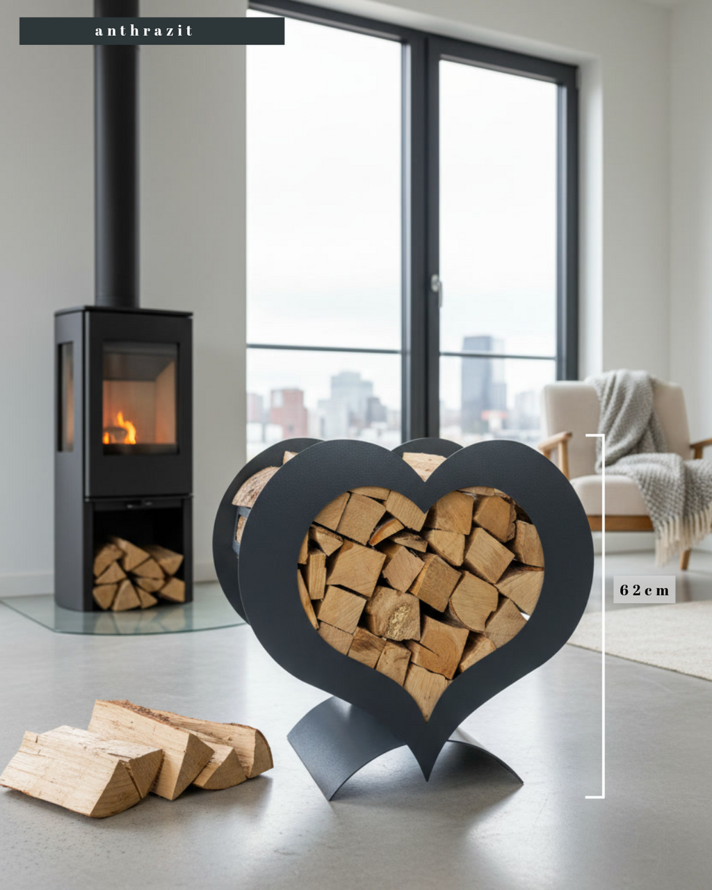 Kaminholzständer Herzform – dekorativer Holzständer Metall